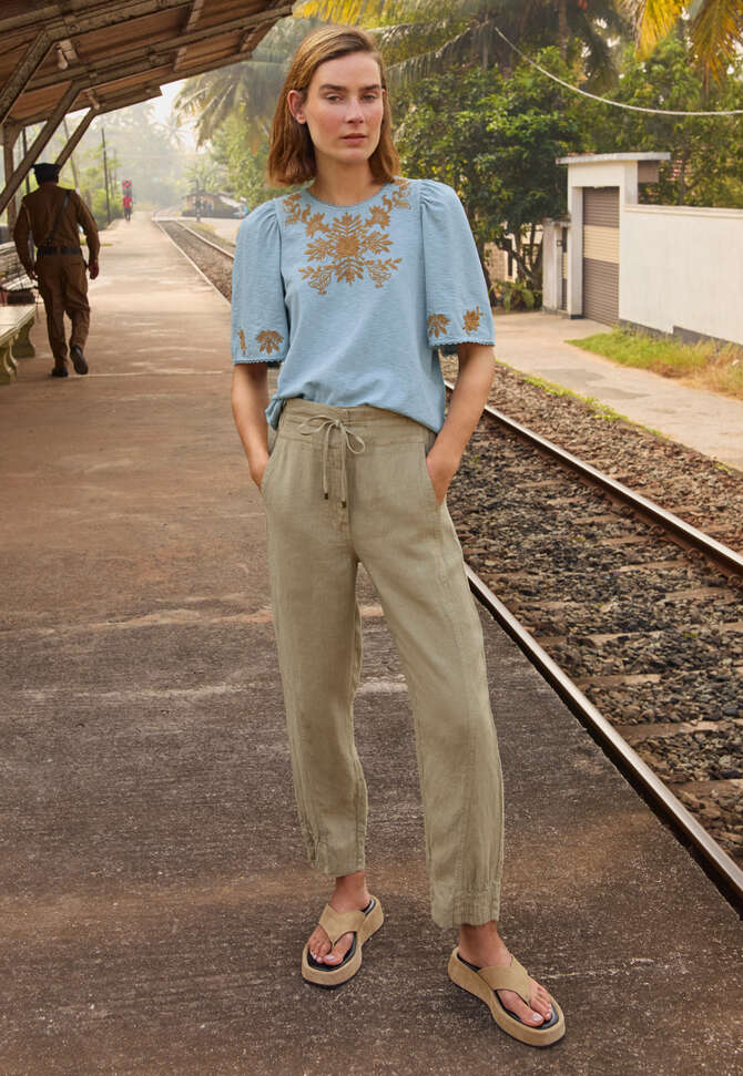 Frill-sleeve jersey top, Powder blue, completeTheLook