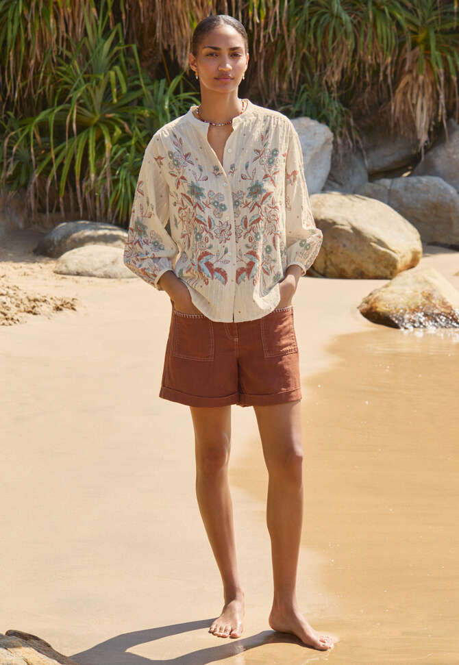 Printed boyfriend blouse, Ecru rust, completeTheLook