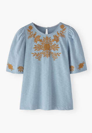 Frill-sleeve jersey top, Powder blue, webstill