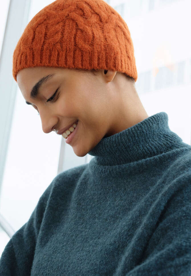Cable-stitch hat, Burnt orange, completeTheLook