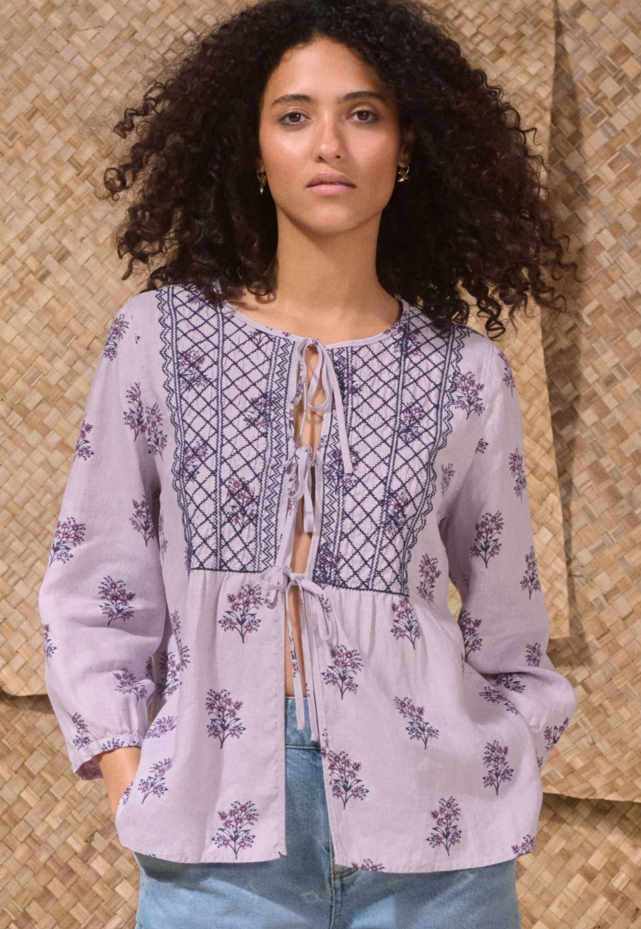 Tie-front print blouse