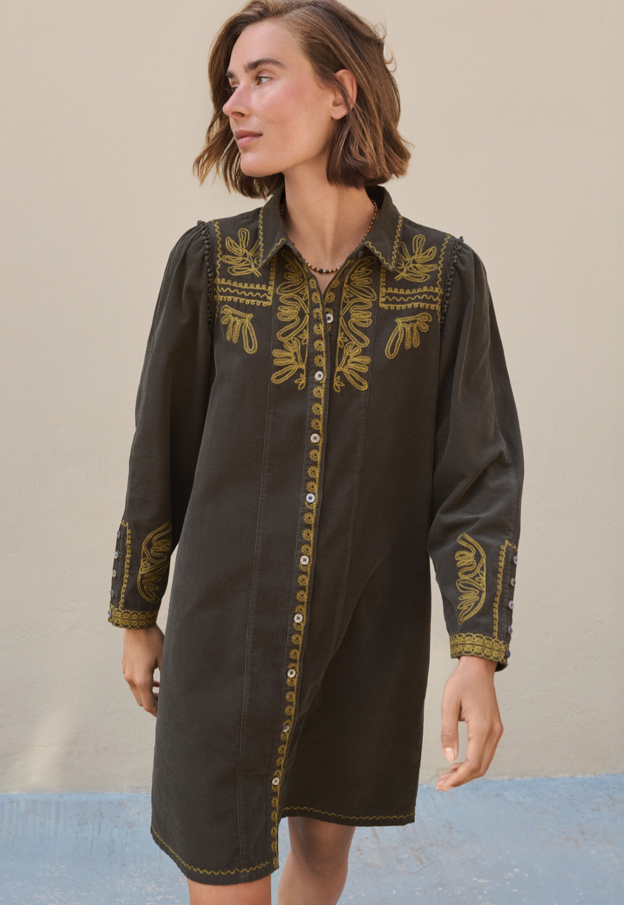 Embroidered cord shift dress