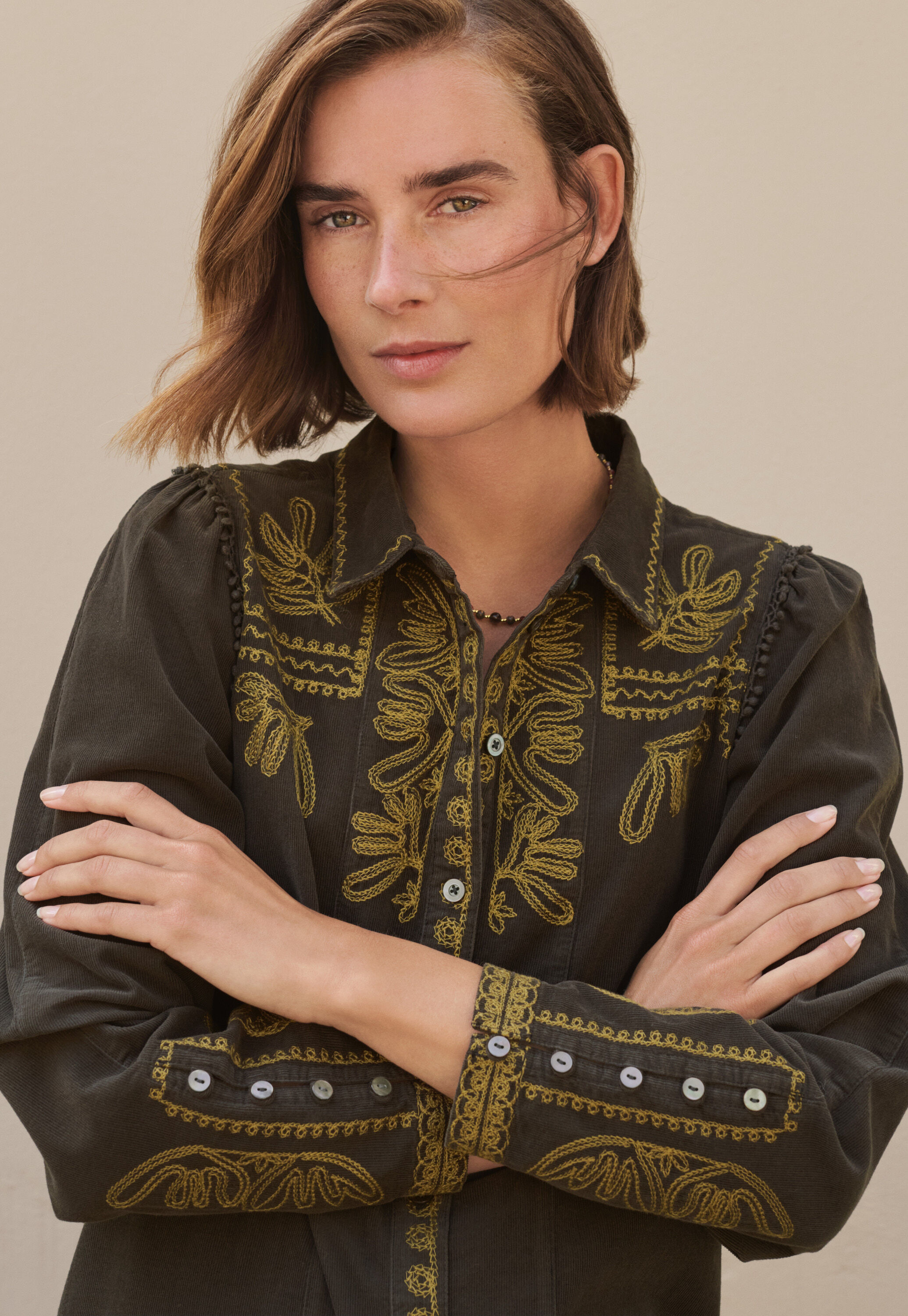 Embroidered cord shift dress