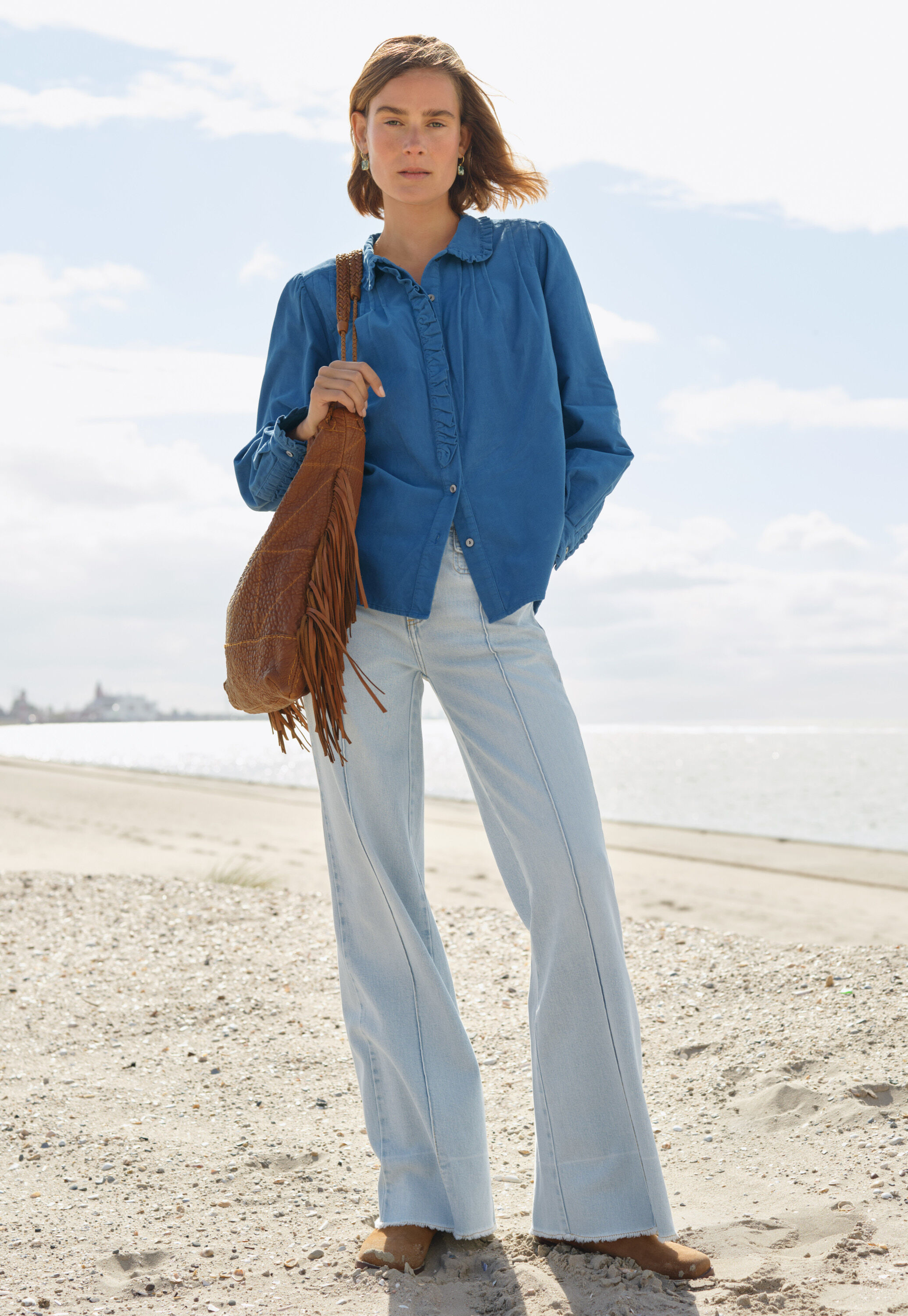 Cord pleated blouse, Cobalt, large