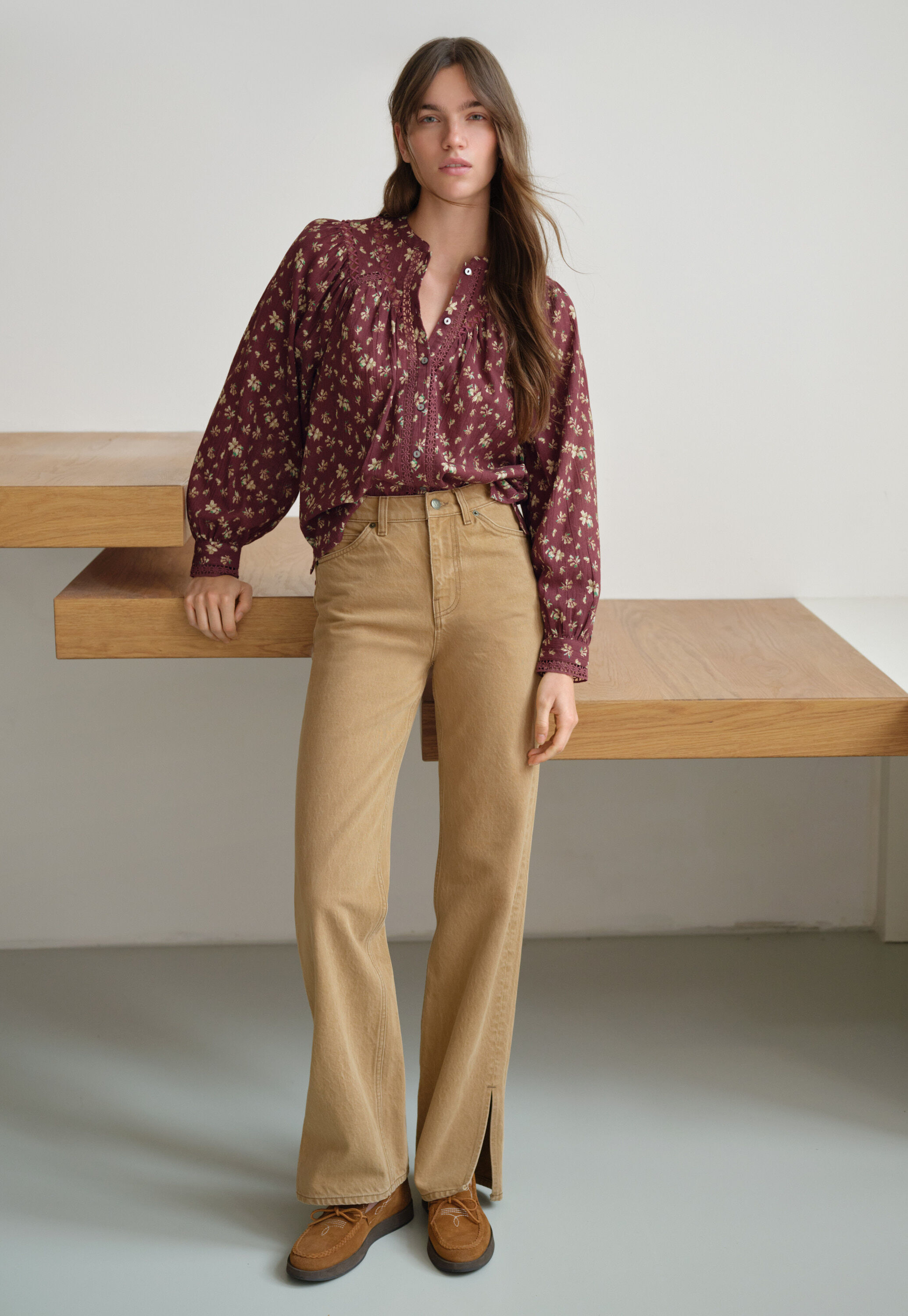 Printed gauze blouse, Wine, large