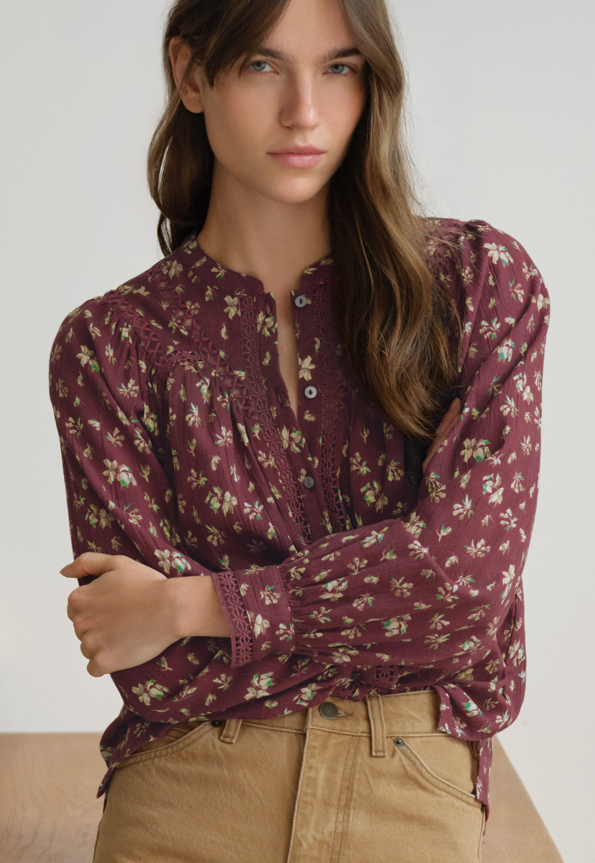 Printed gauze blouse, Wine, large