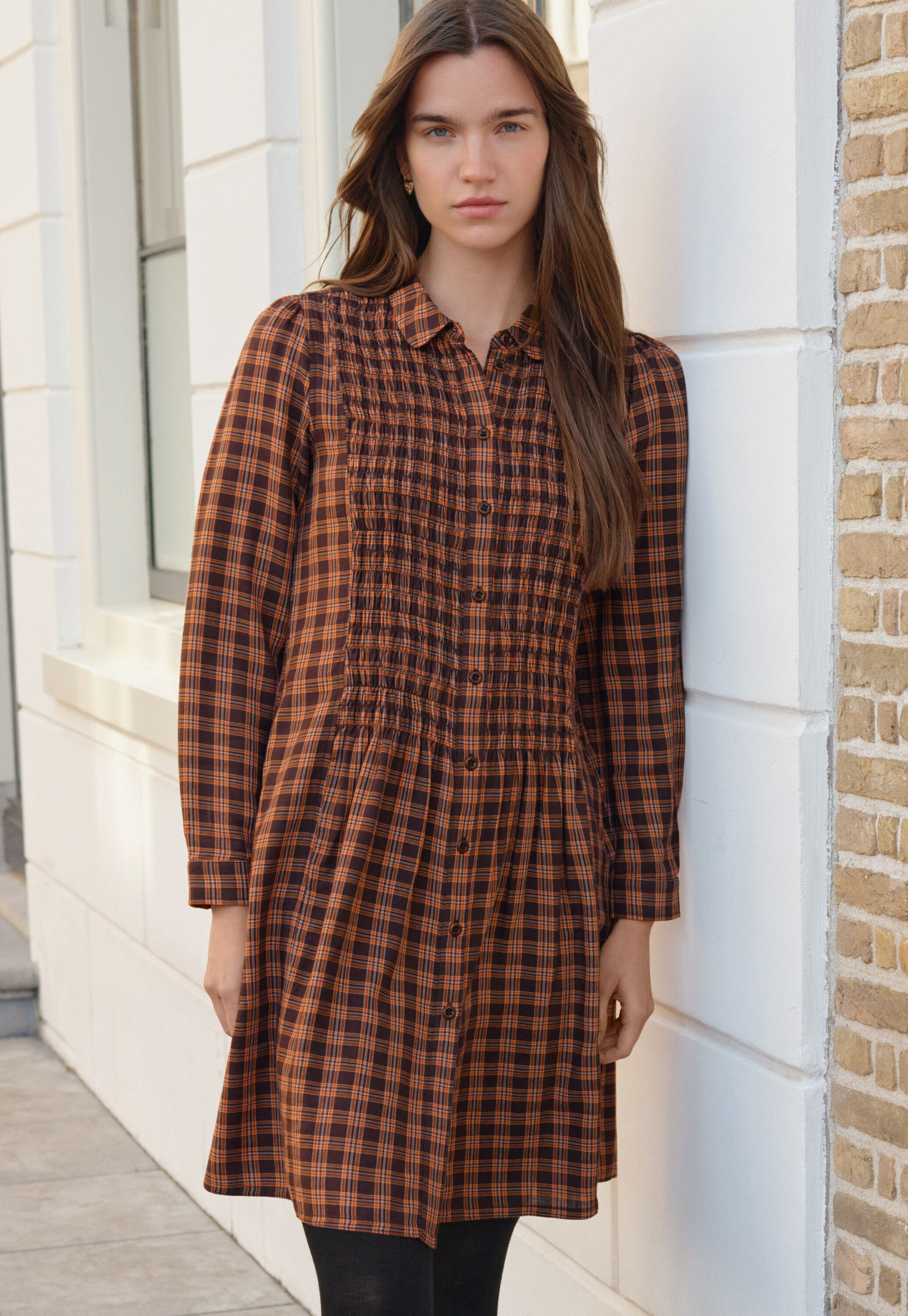 Shirred check dress, Brown spice, large
