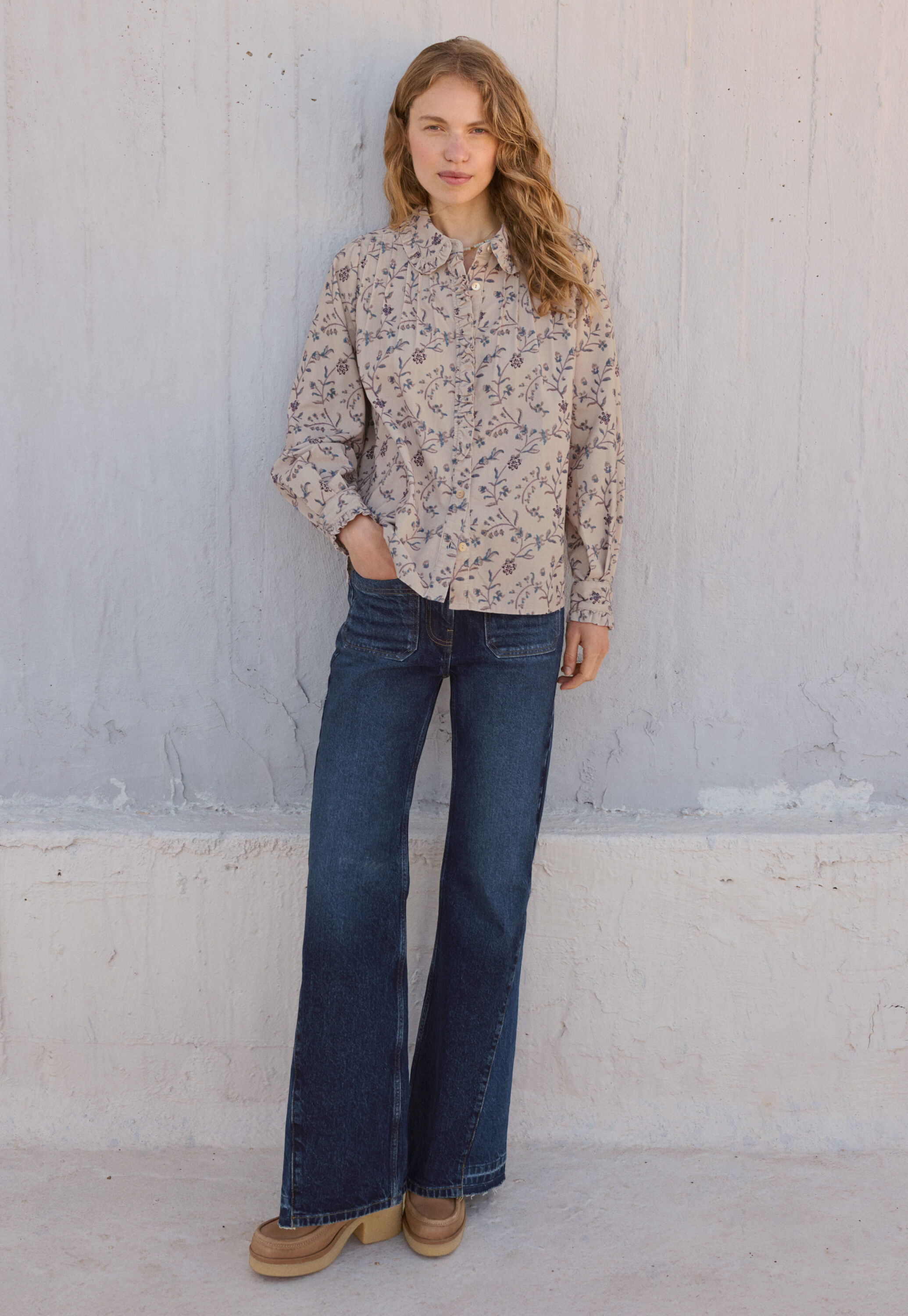 Printed pleated cord blouse