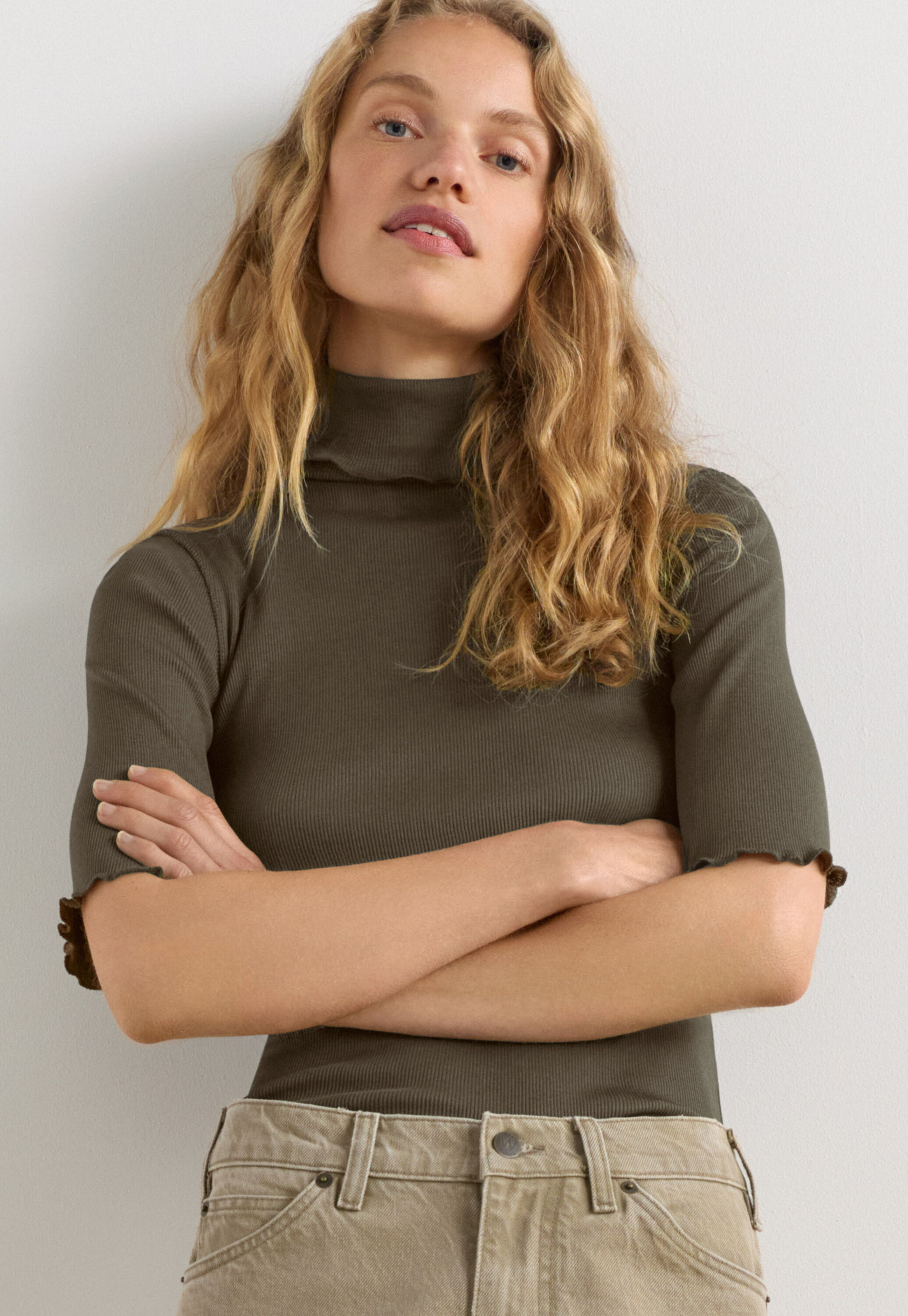 Ribbed roll-neck top, Dark forest, large