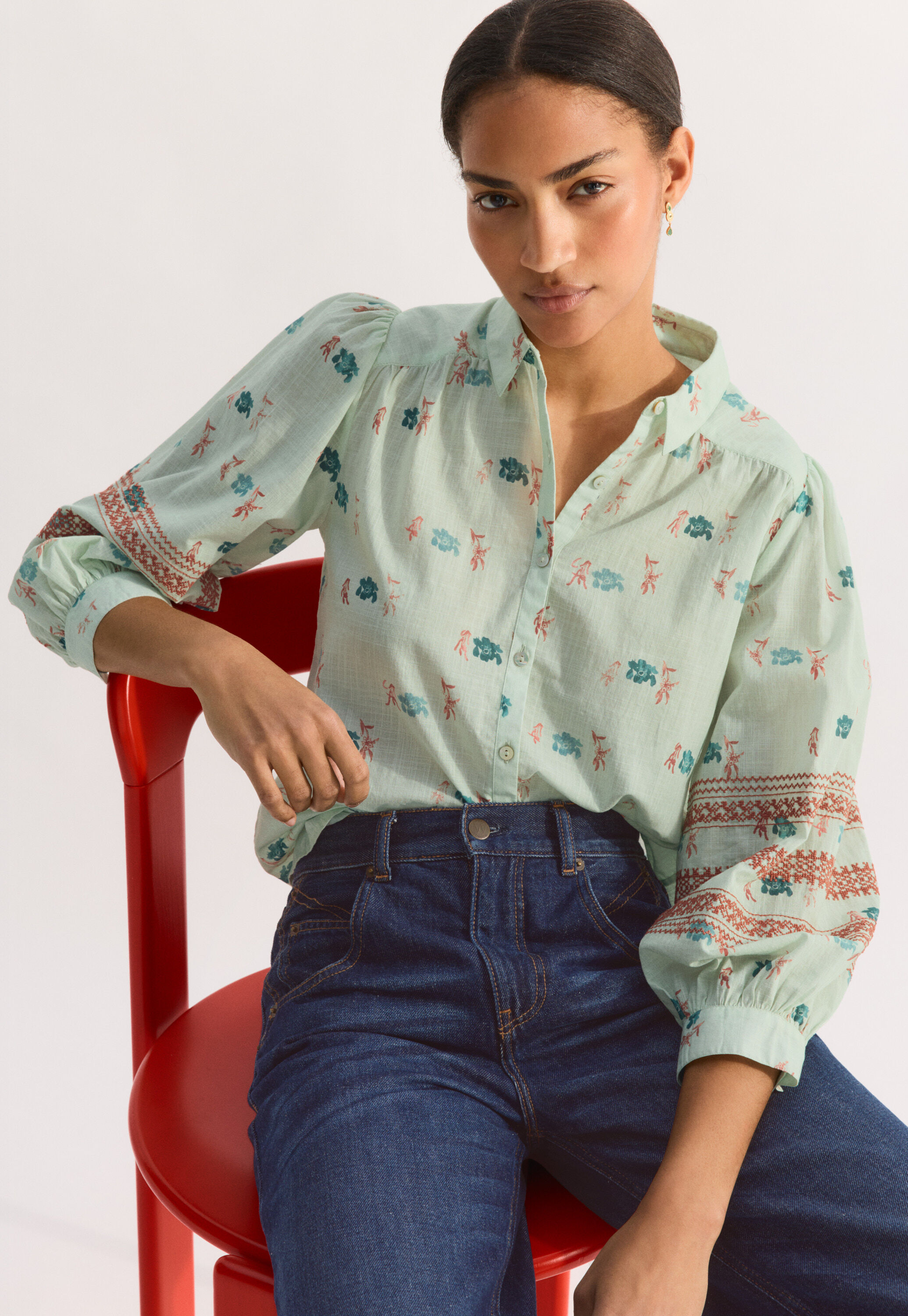 Embroidered printed blouse
