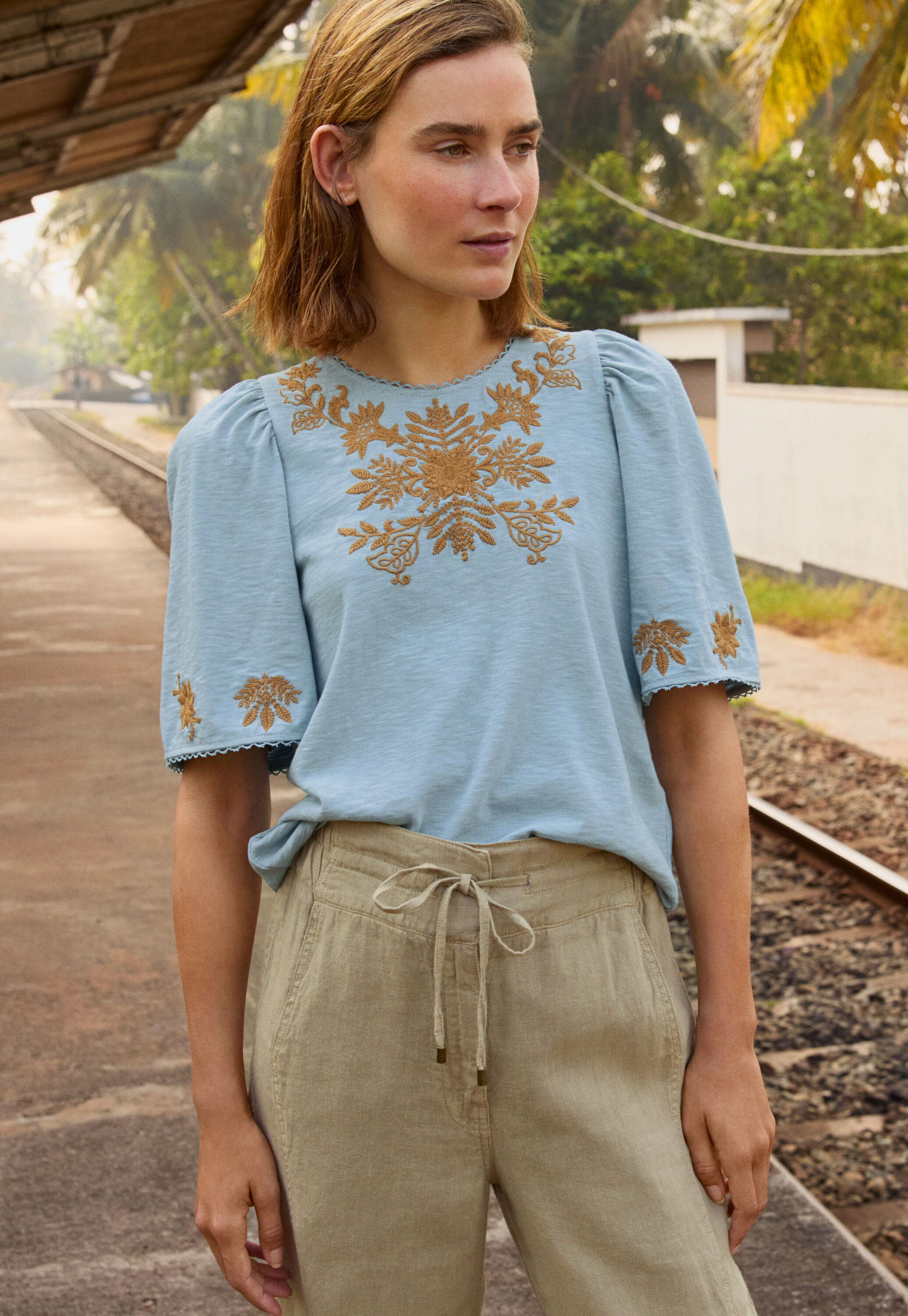 Frill-sleeve jersey top